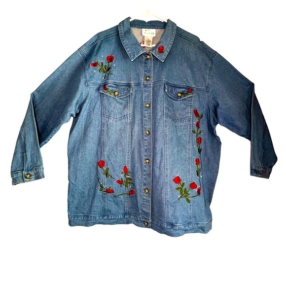 Quacker Factory Vintage Rose Embroidered Denim Button Front Jacket Size 2X - Picture 1 of 15